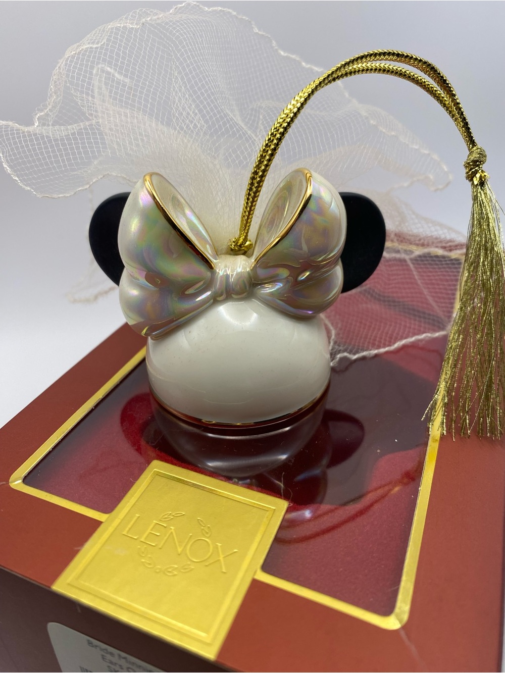 Vintage Disney Lenox Iridescent Bow Bride Minnie Ornament with Gold Tassel